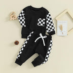 Black baby jogger outfit set with checkered sleeves and white drawstring