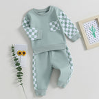 Light mint baby sweatshirt and jogger pants set with check pocket and cuffs