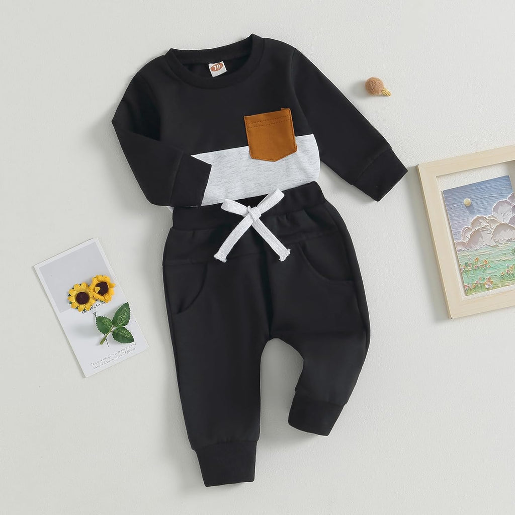 Black baby sweatshirt and jogger pants set with color-block chest pocket