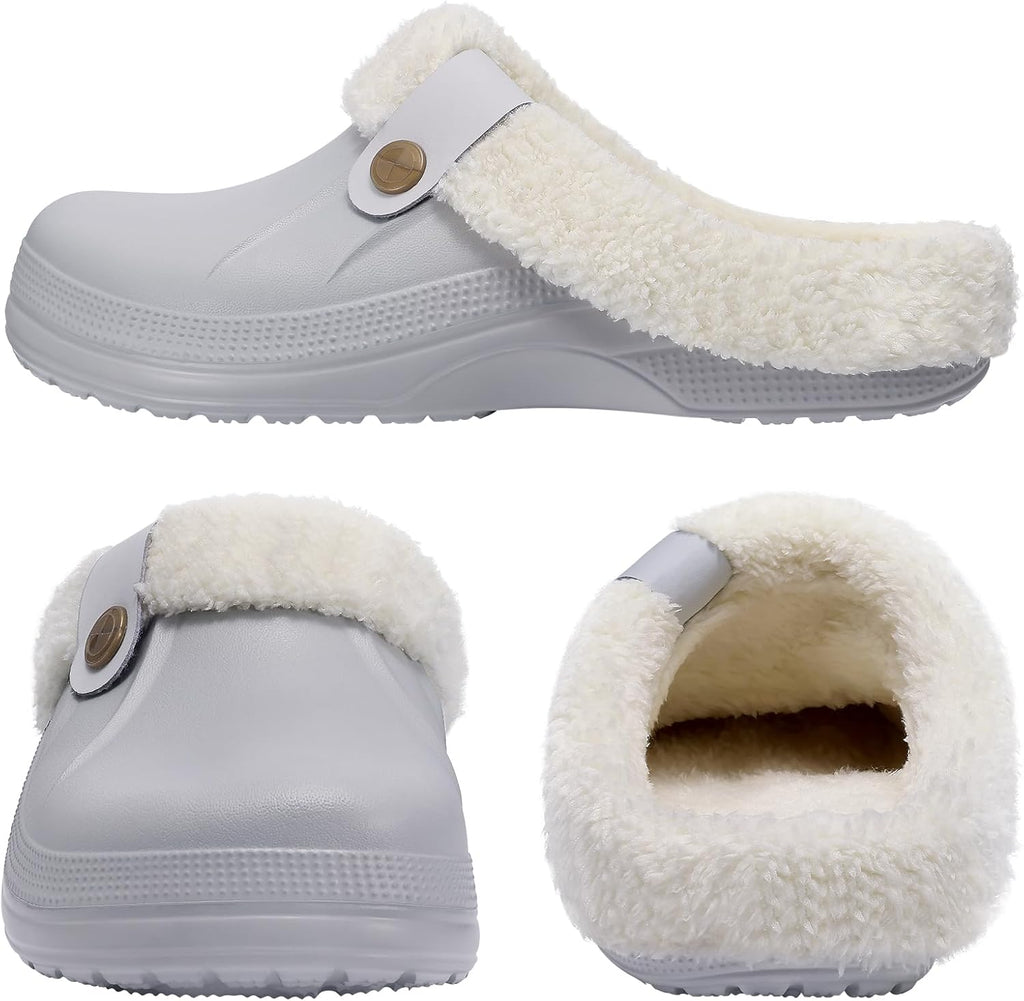Light gray slip-on garden clogs with cream plush lining and round snap button