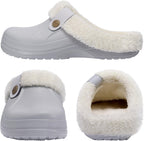 Light gray slip-on garden clogs with cream plush lining and round snap button