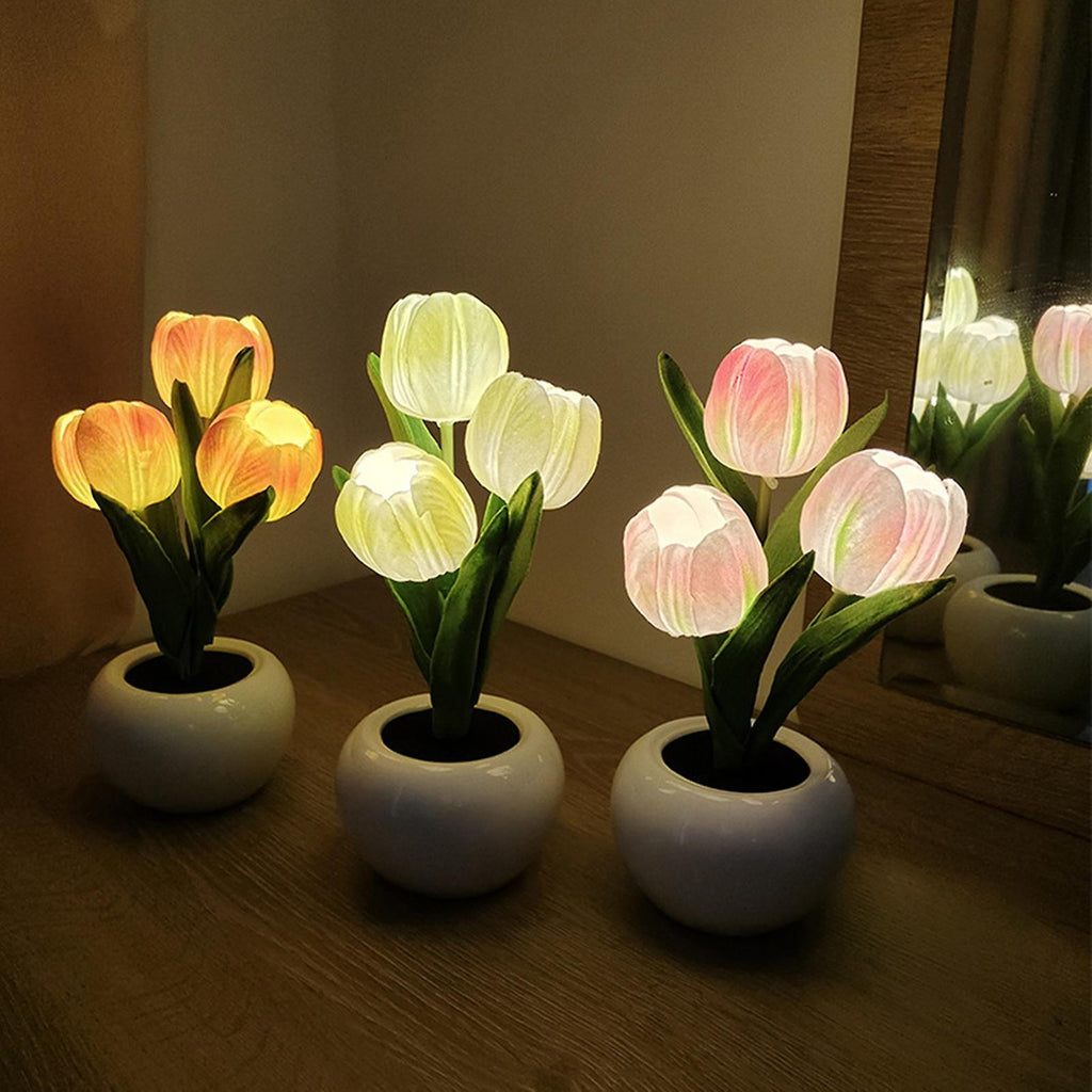 Tulip night light set of artificial tulips in white ceramic pots with warm LED glow