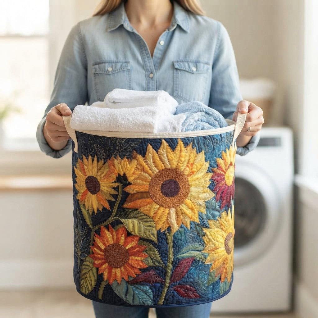 Floral quilted laundry basket with sunflower print, canvas handles, holding folded towels
