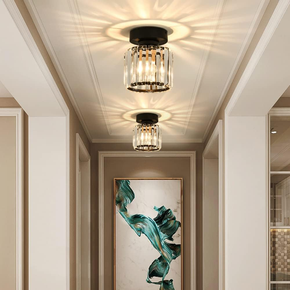 Modern Crystal Ceiling Lamp – Crystal Flush Mount Ceiling Light with Brass Fixture, Round or Square, Gold or Black – CrystalGlow