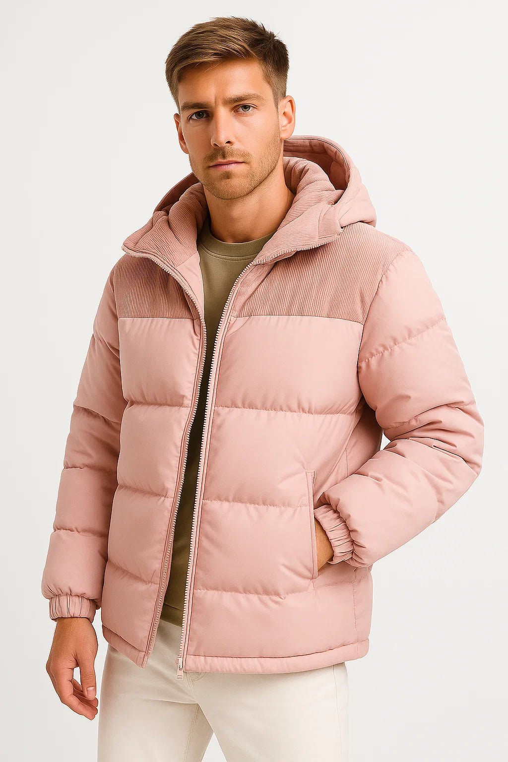 Light pink hooded winter puffer jacket, full-zip front with ribbed cuffs