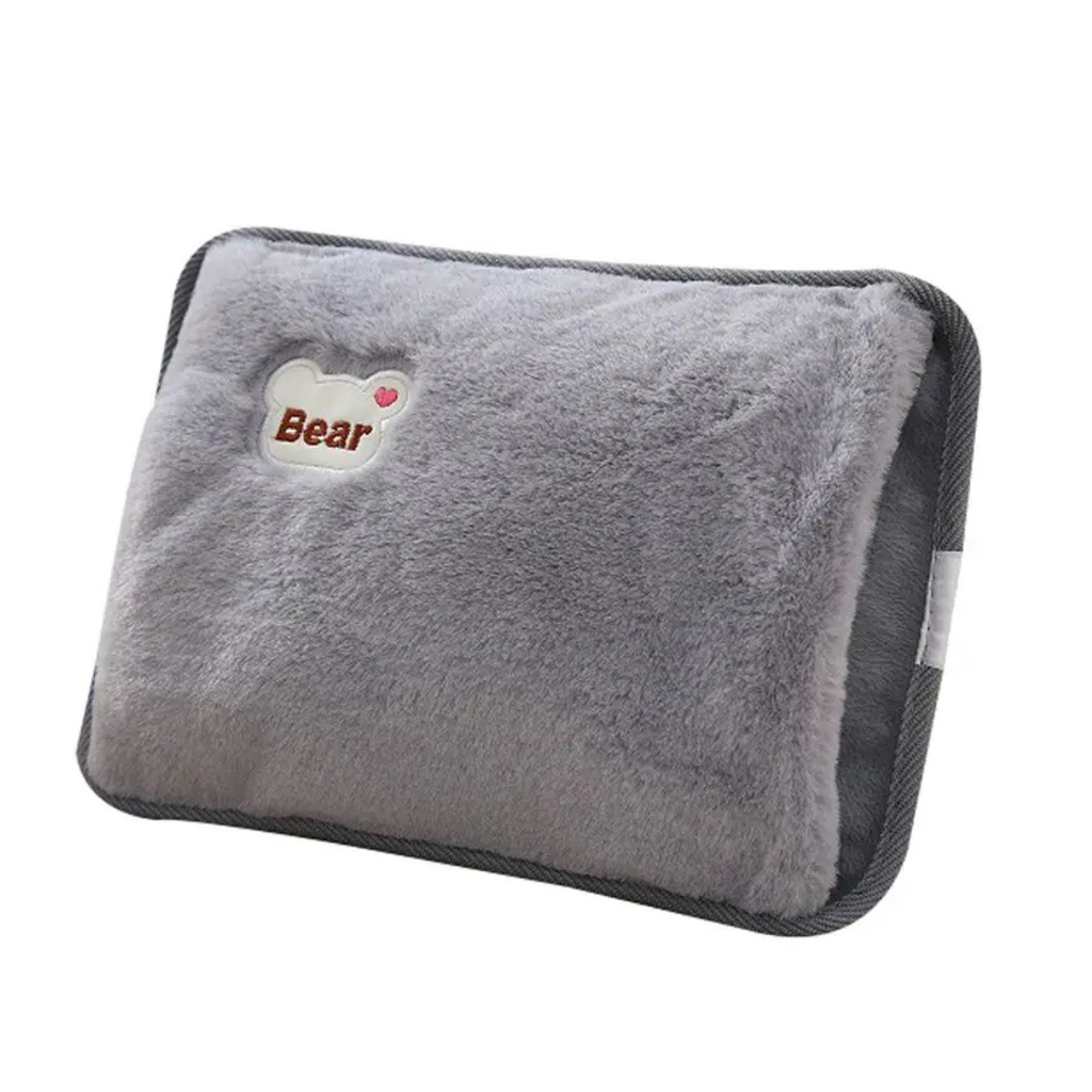 Rechargeable hot water heating pad with gray fleece cover and Bear patch