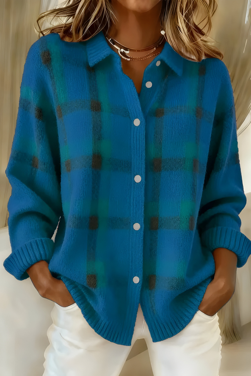 Zahara | Women's Relaxed Plaid Cardigan Sweater - Loose Fit V-Neck Button-Down Tartan Knit Jacket with Pockets for Fall & Winter