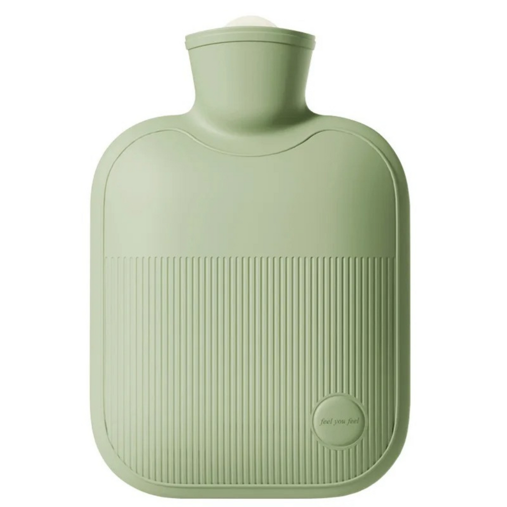 Large hot water bottle with ribbed soft cover, green, wide screw-top