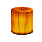 Cylinder wood-look LED lamp with warm glow, rounded top, and dark base