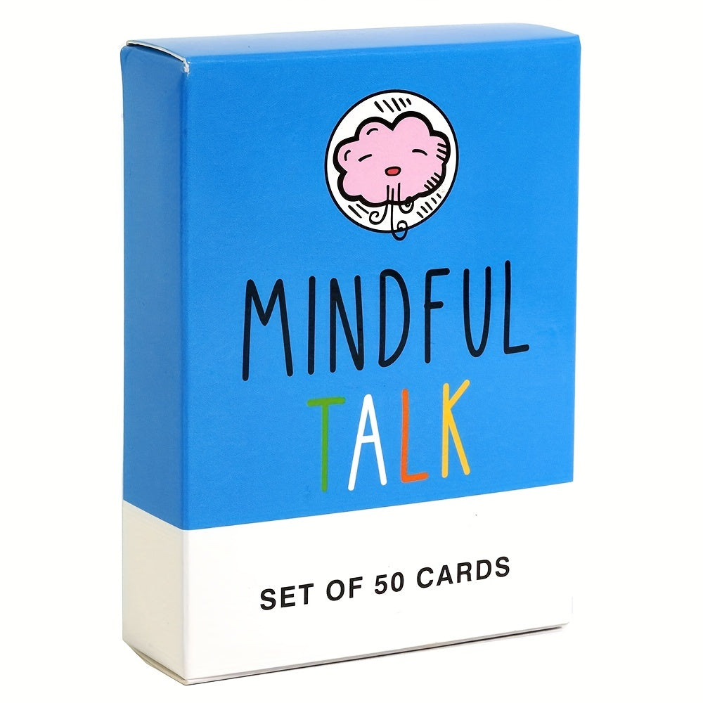 Mindful Talk conversation card set box, blue and white with “Set of 50 Cards” text