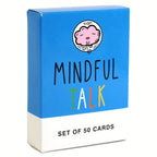 Mindful Talk conversation card set box, blue and white with “Set of 50 Cards” text