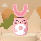 Pink cat-face kids electric toothbrush with soft silicone bristles and button