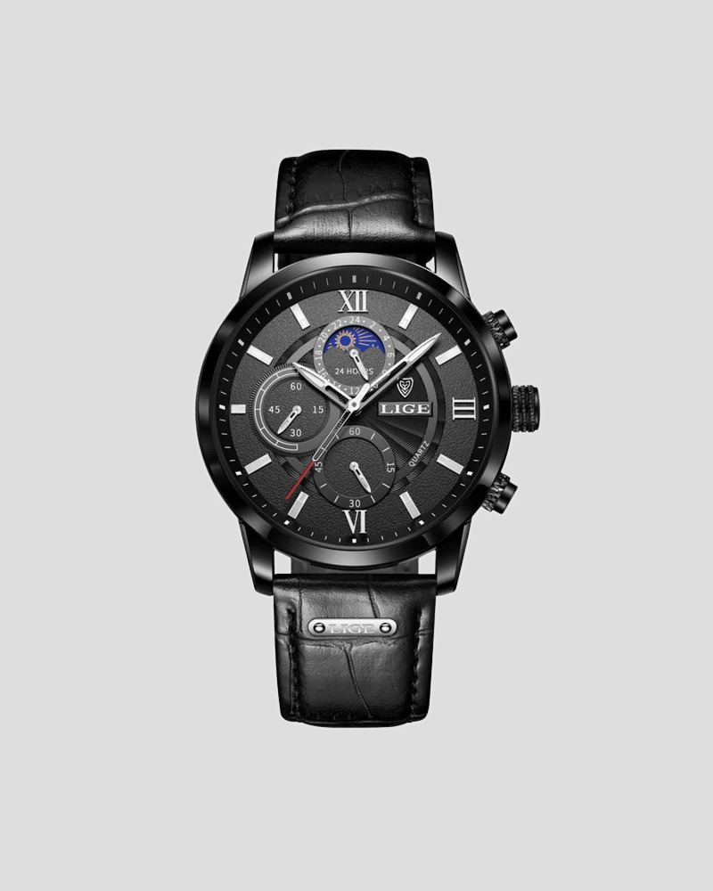 Alvero | Chronograph Watch for Men - Sun Moon Dial Brown Strap Waterproof Regular Fit-Men's Watches-Full Black-Camoufit