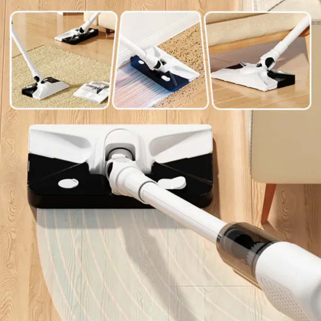 Cordless wet dry vacuum mop with white handle and black floor nozzle for cleaning