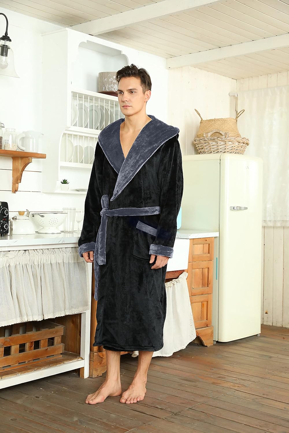 Men's fleece robe with hood, two-tone inner trim, and belt; black with gray hood lining.