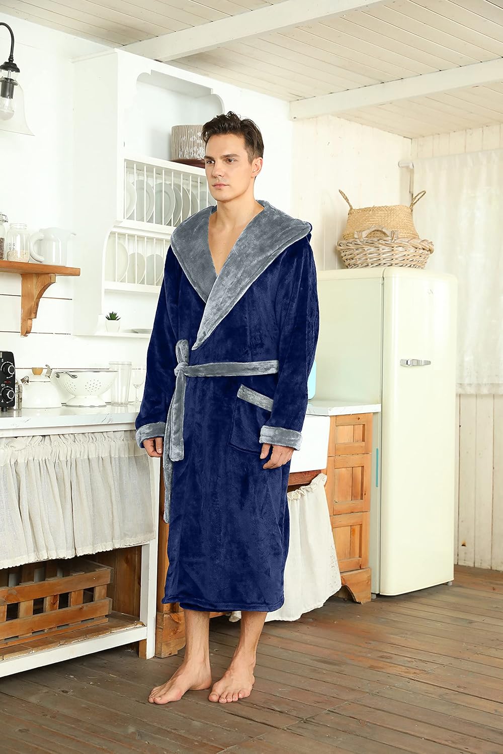 Men's two-tone hooded fleece robe, dark blue with gray hood lining, belt and pockets