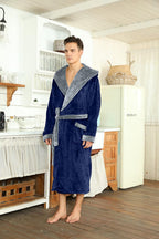 Men's two-tone hooded fleece robe, dark blue with gray hood lining, belt and pockets