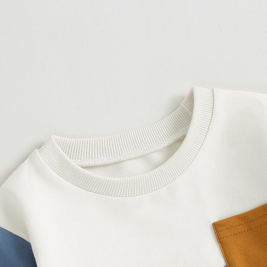 White sweatshirt with ribbed crew neck and tan patch pocket detail
