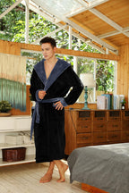 Men's fleece hooded robe with belt and pockets; black with dark gray hood trim.