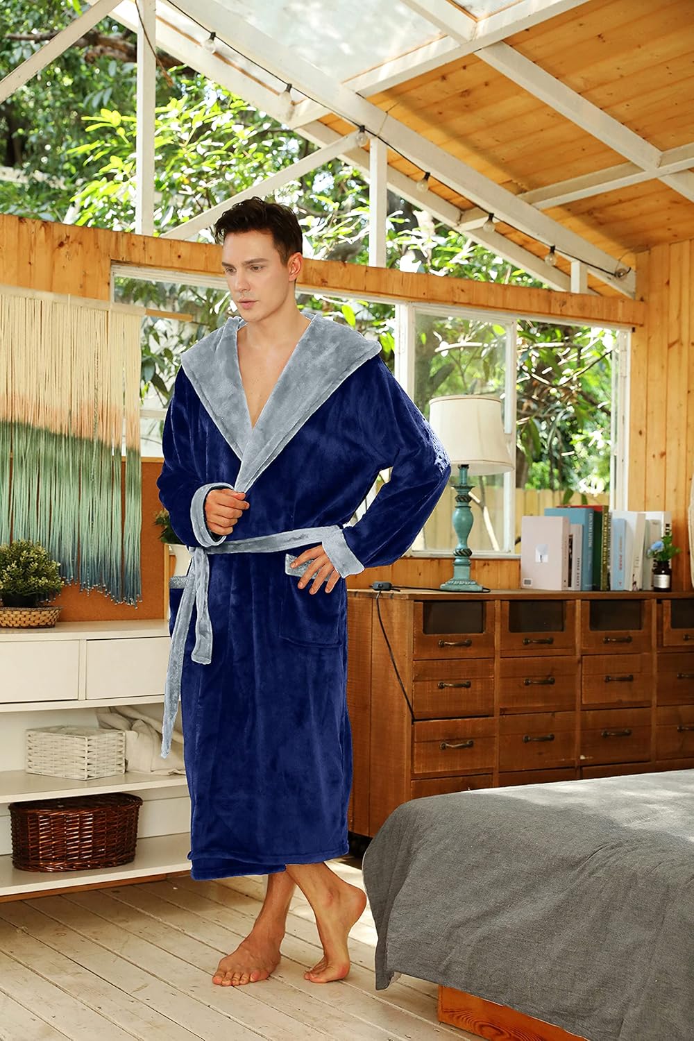 Men's two-tone hooded fleece robe in dark blue with gray lining, waist belt and pockets