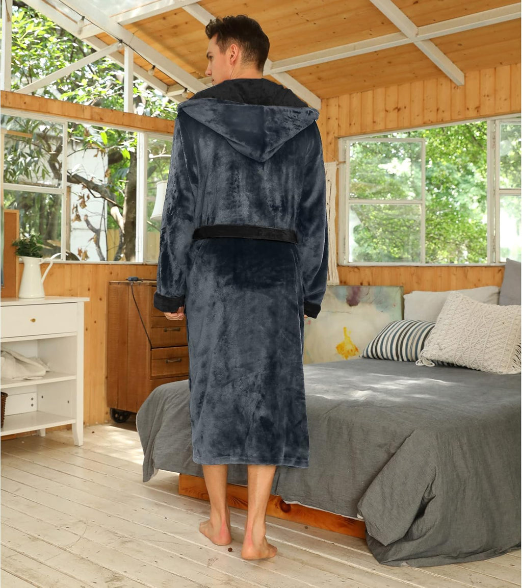 Two-tone hooded fleece robe back view, dark gray with black hood trim and belt