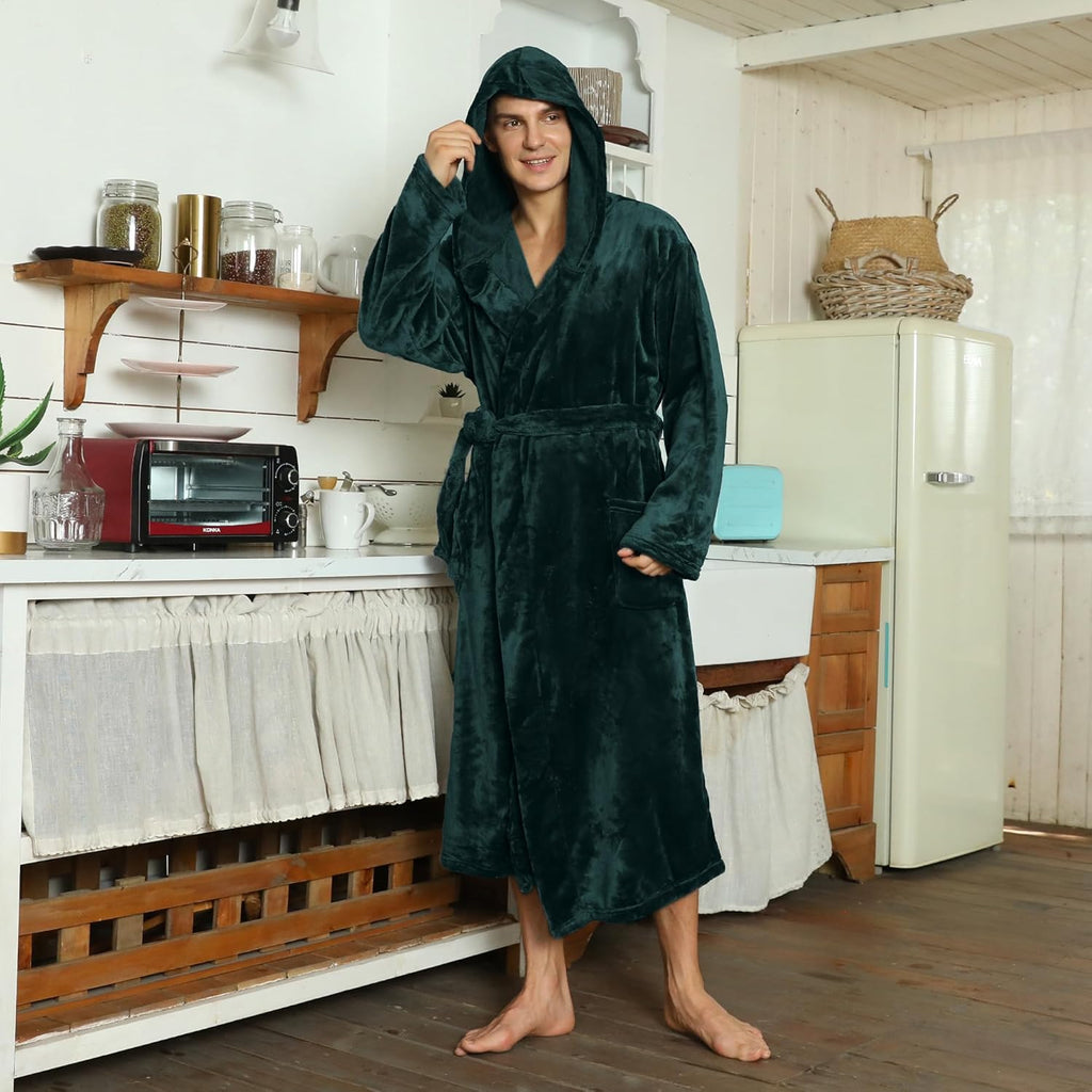 Men's fleece hooded robe with belt and pockets; dark green, full-length front view.