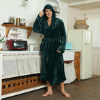 Men's fleece hooded robe with belt and pockets; dark green, full-length front view.