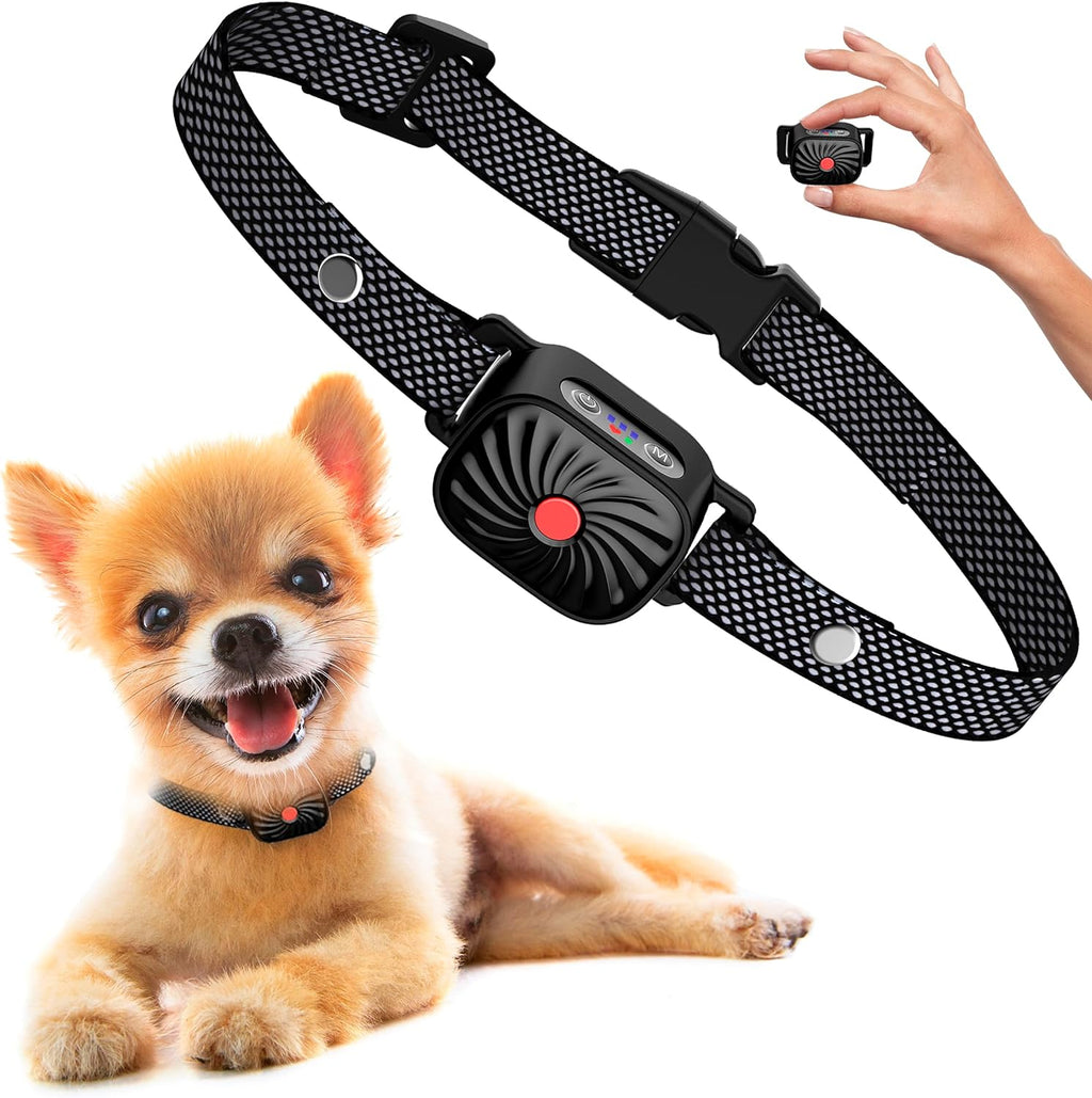 Black anti-bark collar with mesh strap and round vibration/sound control unit