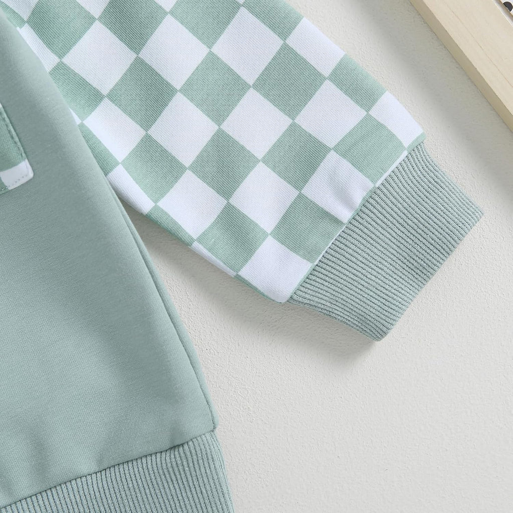 Mint sweatshirt with green-and-white checkered sleeve cuff trim