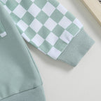 Mint sweatshirt with green-and-white checkered sleeve cuff trim