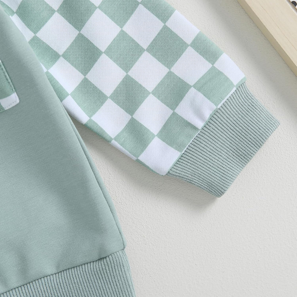 Mint sweatshirt with green-and-white checkered sleeve cuff trim