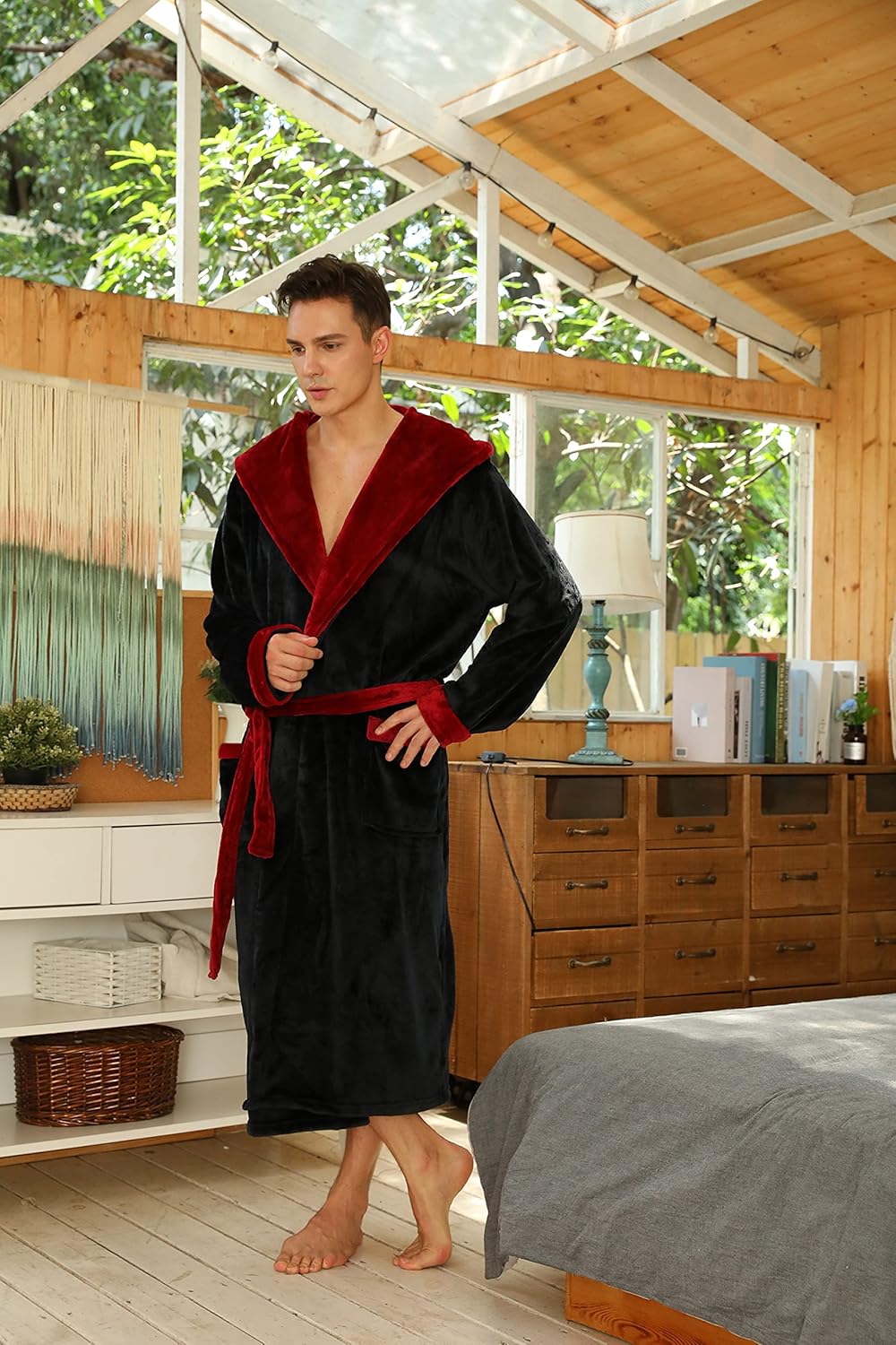 Two-tone hooded fleece robe with red belt tie and red hood lining, side pockets
