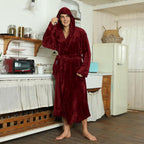 Burgundy hooded fleece bathrobe with belt tie, long sleeves, front view