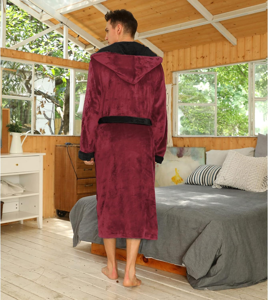 Burgundy hooded fleece bathrobe with belt tie, long sleeves, rear view