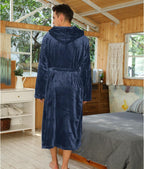 Navy hooded fleece bathrobe with belt, long sleeves, full-length robe