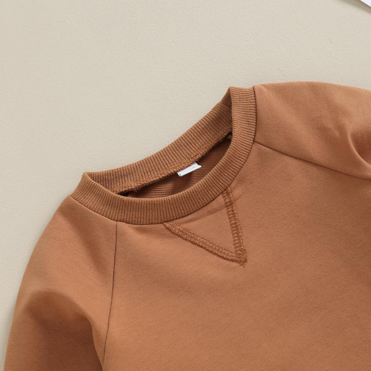 Brown baby sweatshirt with ribbed neckline and panel seam detail