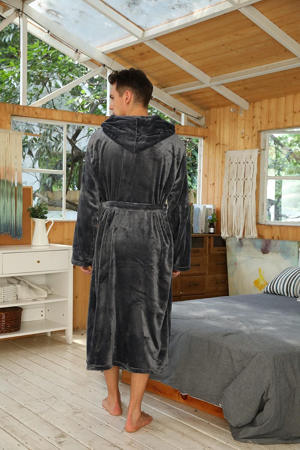 Men's gray fleece bathrobe with two-tone hood and wrap belt