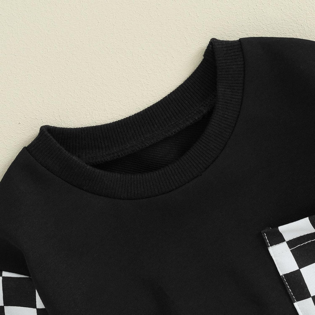 Black baby sweatshirt with ribbed crew neck and white checkered pocket panel