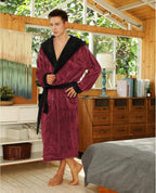 Burgundy fleece robe with black hood trim, belt tie, relaxed fit, long sleeves