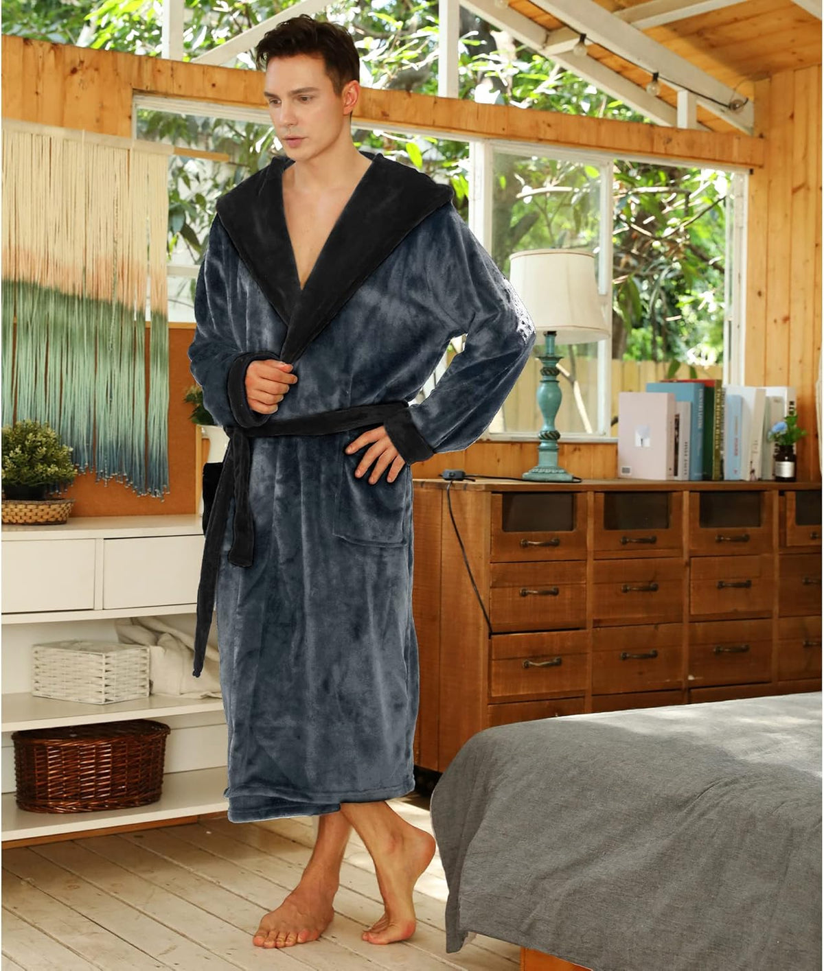 Two-tone hooded fleece robe with belt and hood trim, dark gray fleece, side pockets