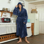 Men's fleece hooded robe with belt and front pockets; dark blue with lighter trim.