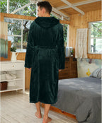 Men's fleece hooded robe with belt and pockets; dark green, visible back and hood.