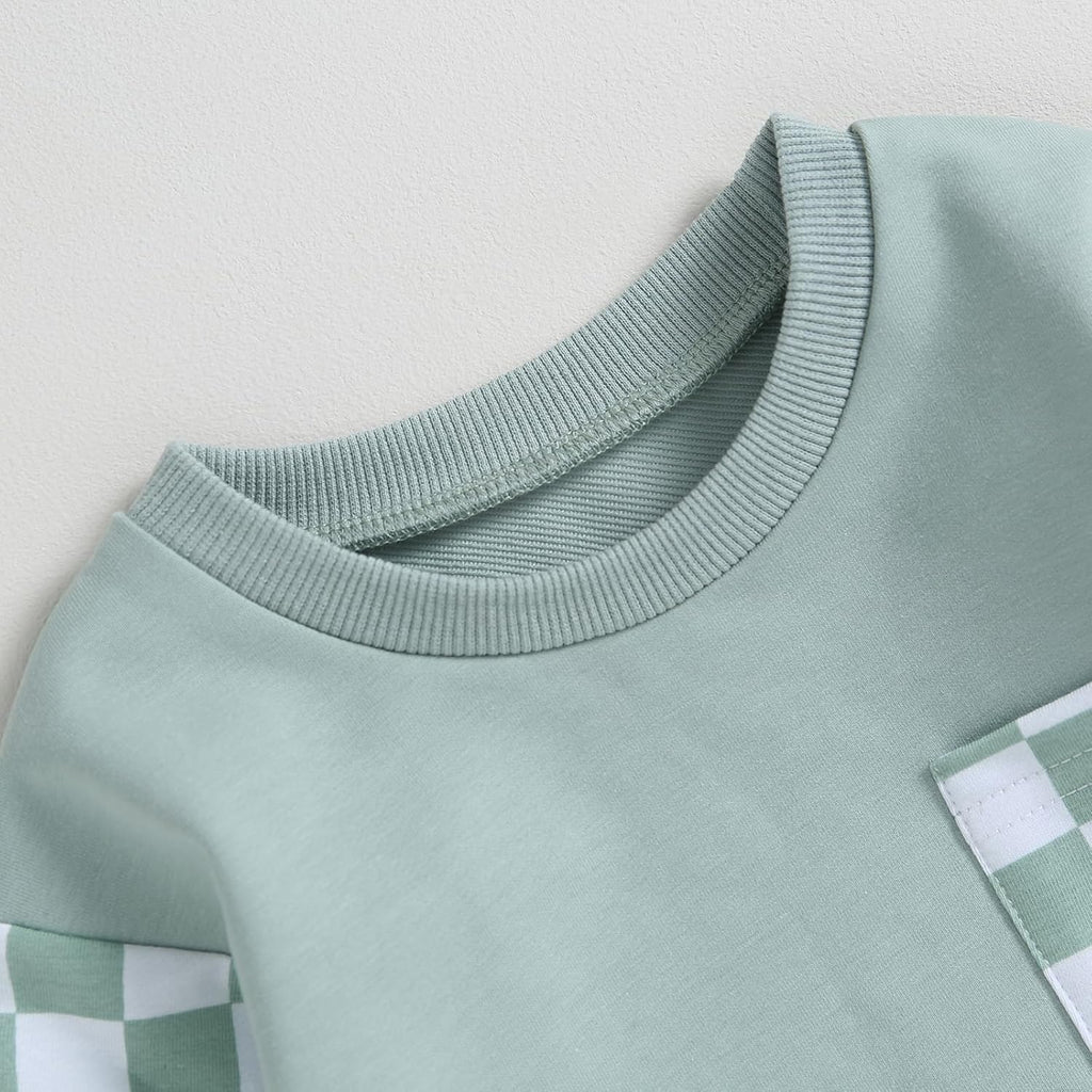 Mint baby sweatshirt with ribbed crew neck and green-and-white check pocket detail