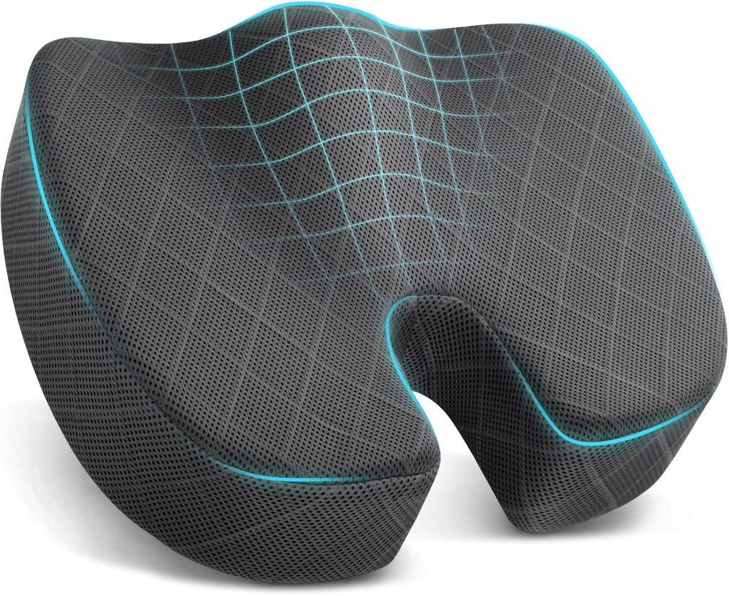 Memory foam seat cushion with U-cutout, turquoise piping, black mesh texture with grid