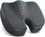 Memory foam seat cushion with U-cutout, turquoise piping, black mesh texture with grid