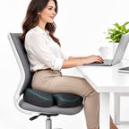 Memory foam seat cushion on office chair, U-shaped cutout, turquoise piping, mesh top