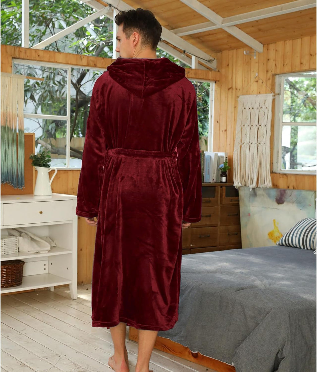Burgundy hooded fleece bathrobe with belt tie, long sleeves, back view