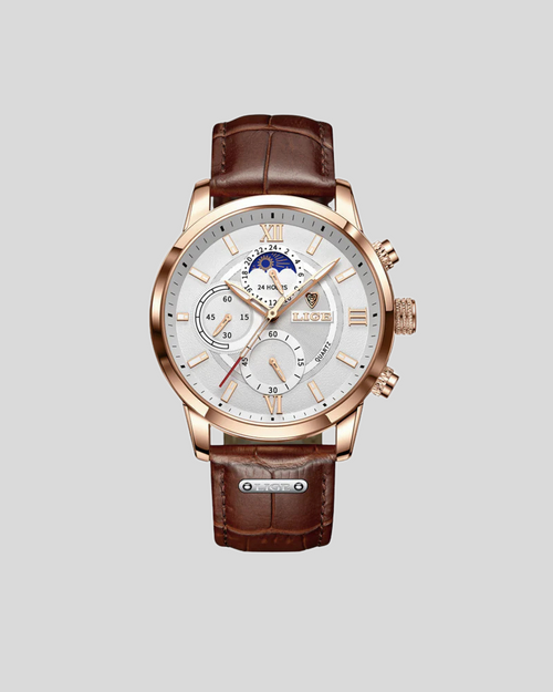 Alvero | Chronograph Watch for Men - Sun Moon Dial Brown Strap Waterproof Regular Fit-Men's Watches-Brown / White-Camoufit