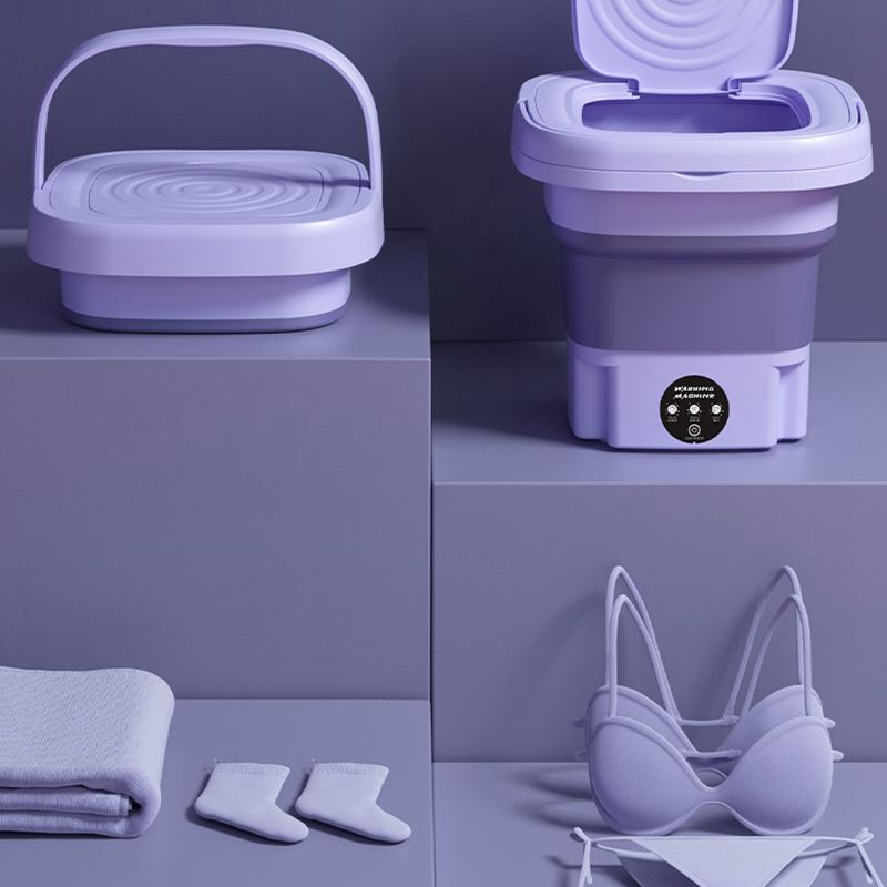 Purple collapsible washing bucket with open lid and handle, 2.6-gallon capacity