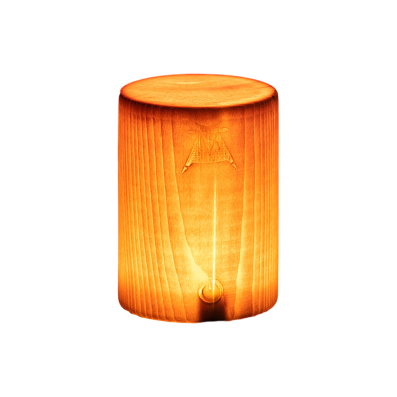 Warm-glow woodgrain LED night light, cylindrical top with black base